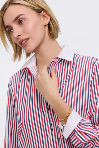 Close up of the crisp white collar of the Boyfriend Tricolor Classic Long Sleeve Shirt while featuring the folded back white undertab cuffs