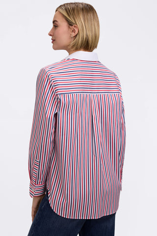 back view of the Boyfriend Tricolor Classic Long Sleeve Shirt featuring the contrasting stripes 
