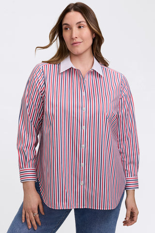 Front view of a model wearing the Boyfriend Plus Tricolor Classic Long Sleeve Shirt untucked for a more relaxed fit 