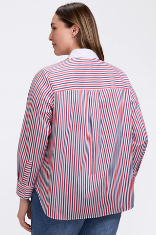 Back view of model wearing the Boyfriend Plus Tricolor Classic Long Sleeve Shirt
showing off the contrasting stripes 