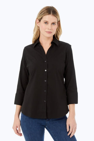 Front view of woman wearing the Mary No Iron Stretch 3/4 Sleeve Shirt #color_black