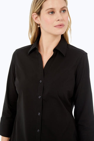 Waist up picture of woman wearing the Mary No Iron Stretch 3/4 Sleeve Shirt #color_black