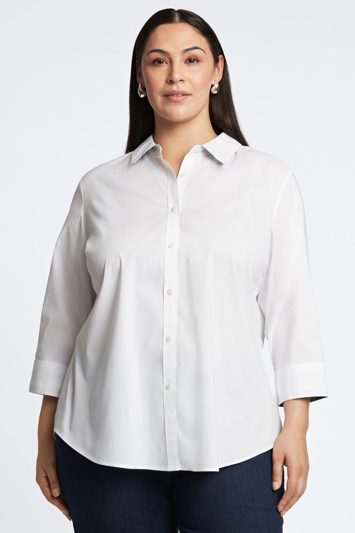 Margie Plus No Iron Stretch Indigo Stripe Detail 3/4 Sleeve Shirt
