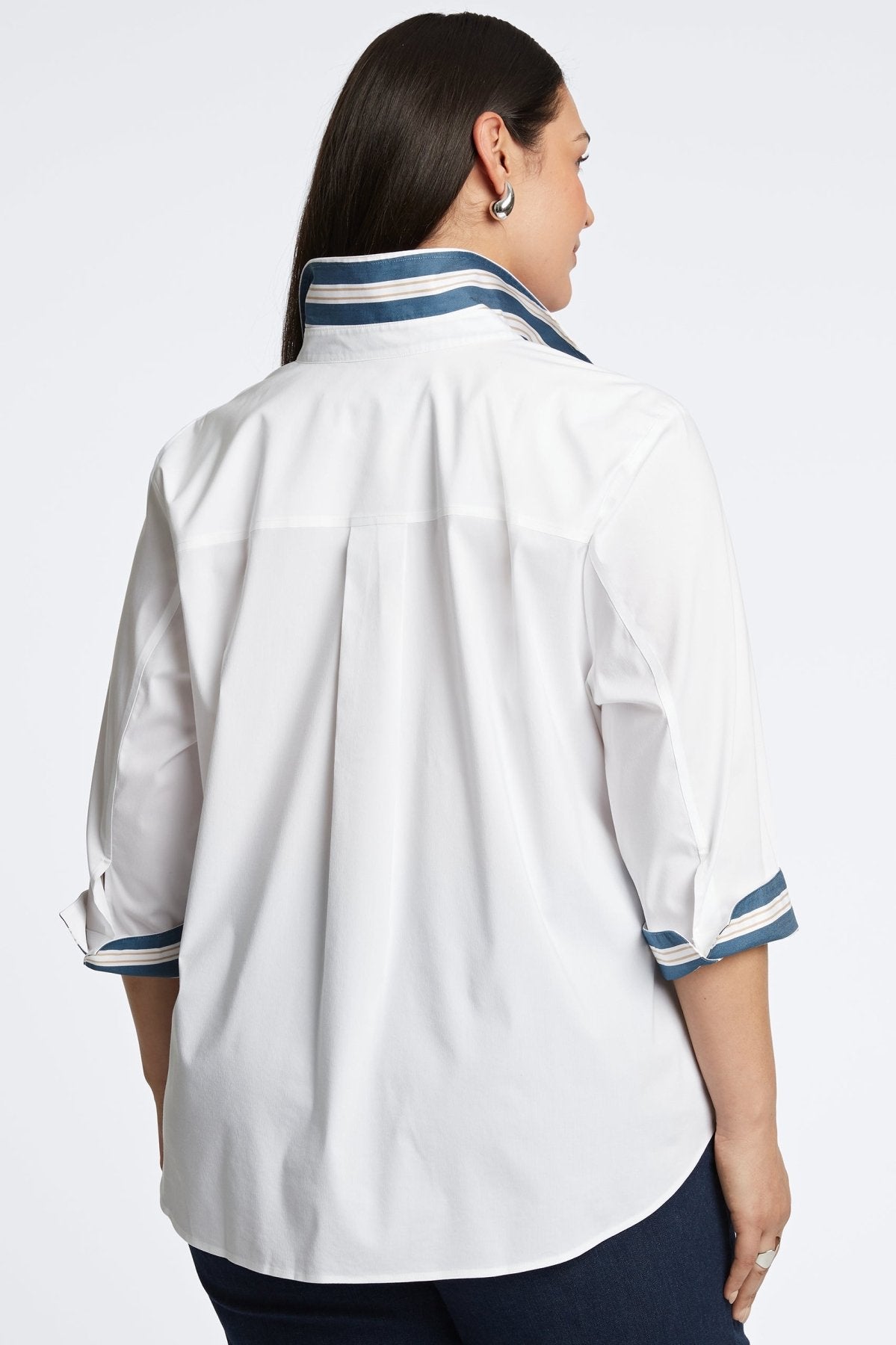 Margie Plus No Iron Stretch Indigo Stripe Detail 3/4 Sleeve Shirt