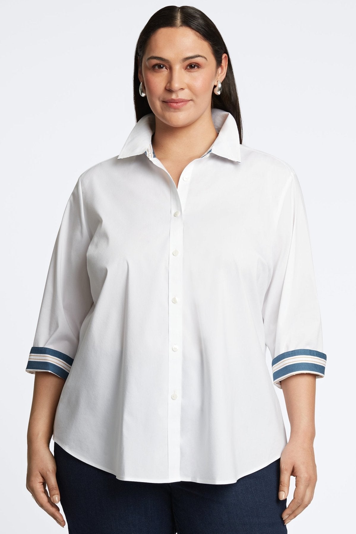 Margie Plus No Iron Stretch Indigo Stripe Detail 3/4 Sleeve Shirt