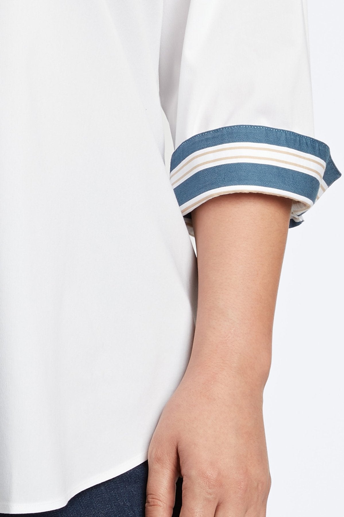 Margie Plus No Iron Stretch Indigo Stripe Detail 3/4 Sleeve Shirt