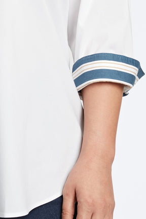 Margie Plus No Iron Stretch Indigo Stripe Detail 3/4 Sleeve Shirt