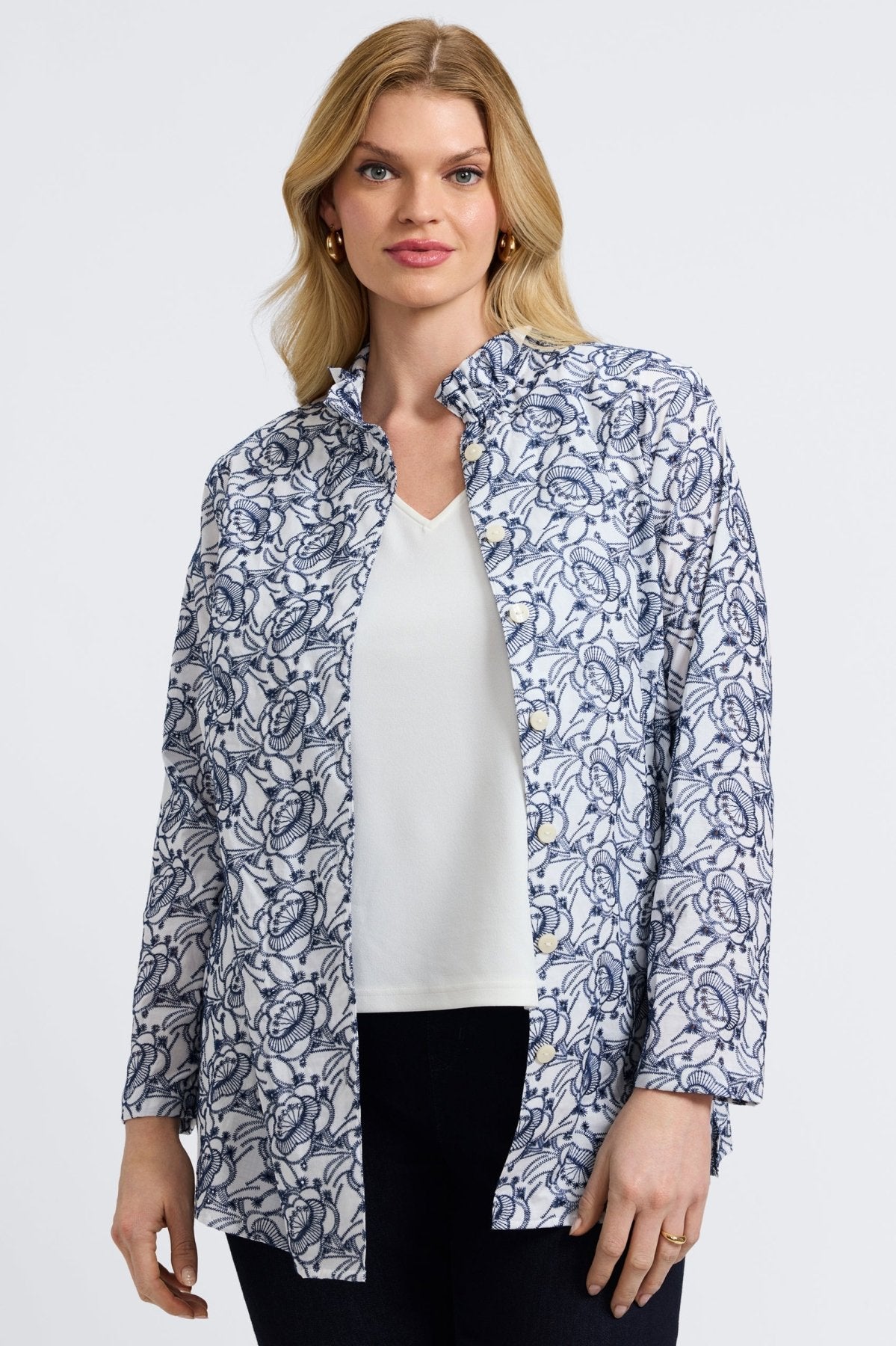Carolina Plus Floral Allover Eyelet Long Sleeve Shirt Jacket