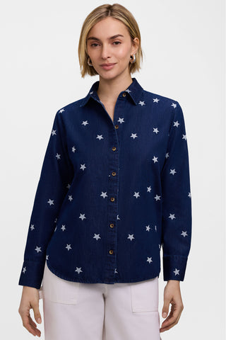 Front view of the Meghan Petite Tencel Star Embroidery Long Sleeve Shirt 