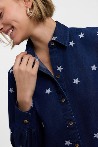 Close up of the collar and neckline of the Meghan Petite Tencel Star Embroidery Long Sleeve Shirt