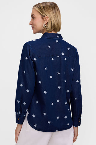 View of the back of the Meghan Tencel Star Embroidery Long Sleeve Shirt showing off the modern drape of the shirt 