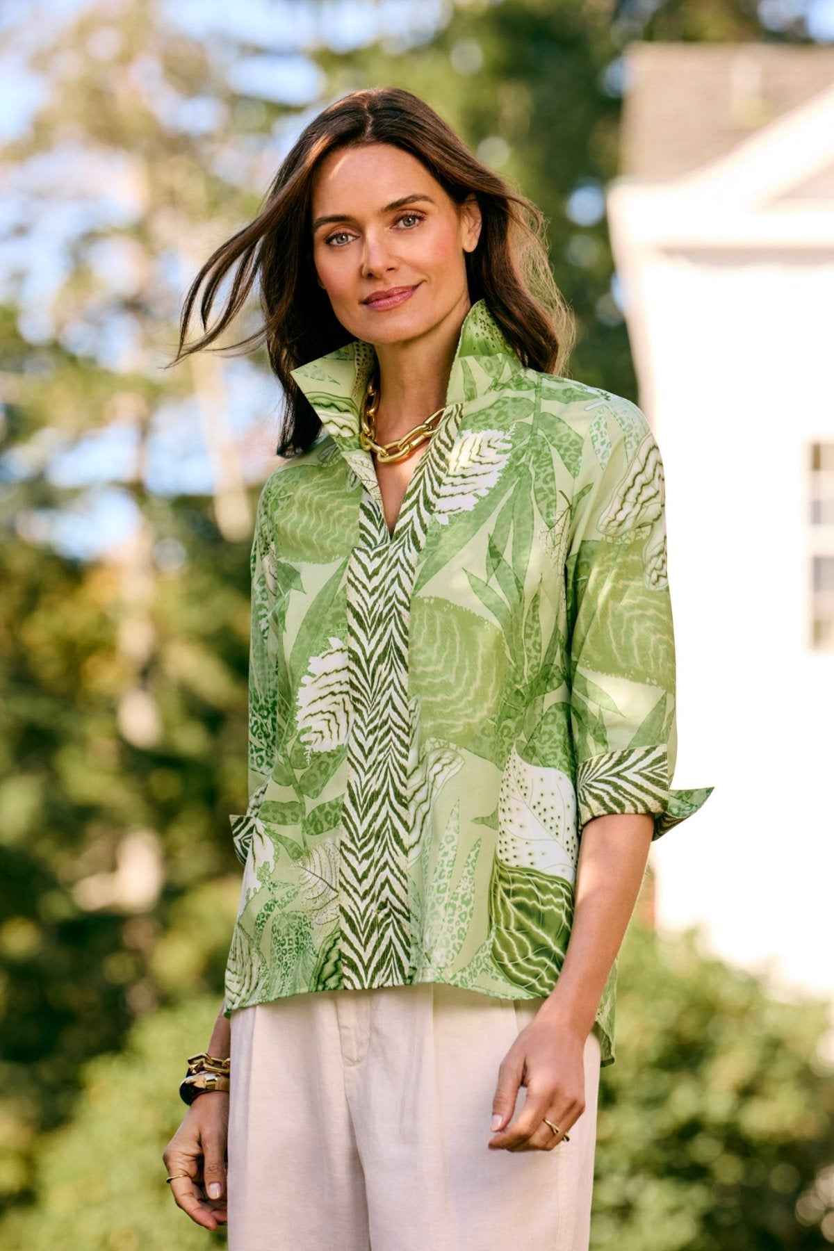 Agnes linen blouse in floral green print by Foxcroft