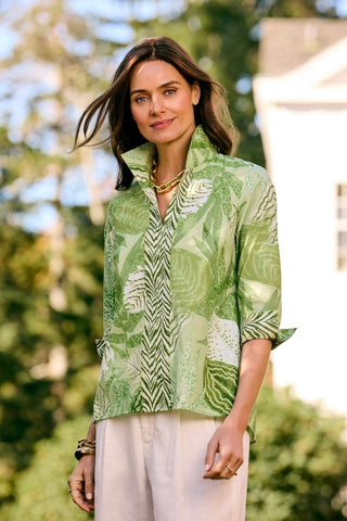 Agnes linen blouse in floral green print by Foxcroft