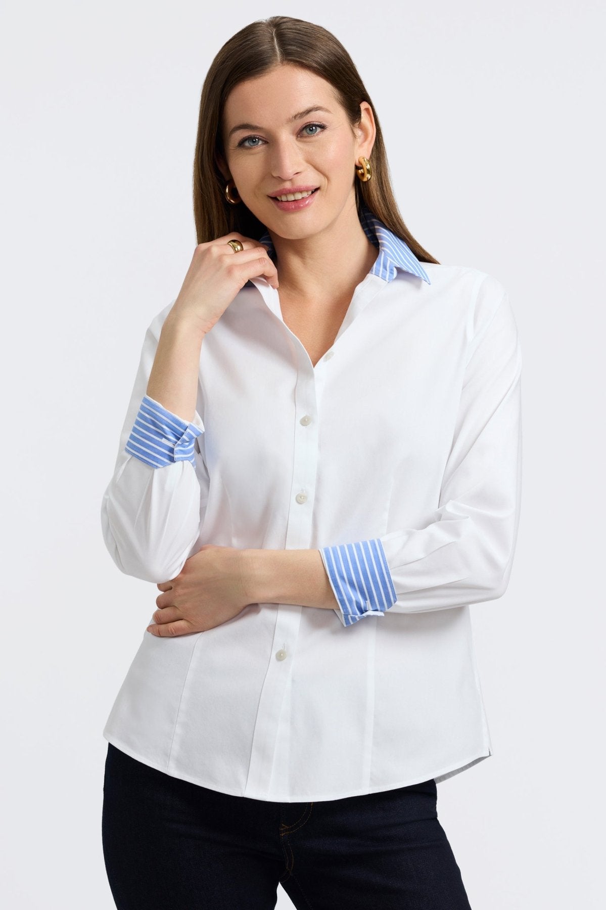 Dianna No Iron Pinpoint Contrast Stripes Long Sleeve Shirt