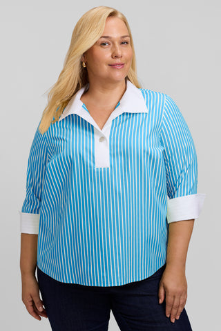 Catalina Plus Stripe No Iron Pinpoint 3/4 Sleeve Popover Shirt