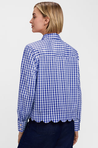 Back view of model wearing the Scarlett Gingham Stretch Matte Sateen Long Sleeve Shirt #color_deep sea/white gingham