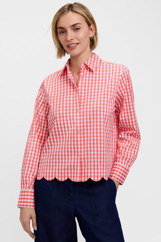 Front view of model wearing the Scarlett Gingham Stretch Matte Sateen Long Sleeve Shirt #color_georgia peach/white gingham