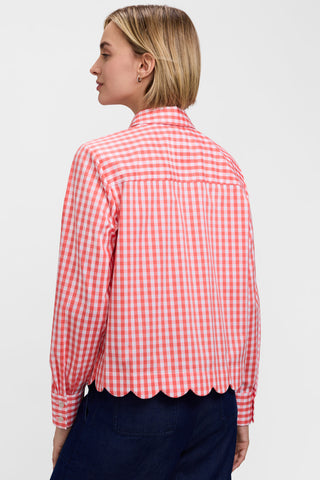 Back view of model wearing the Scarlett Gingham Stretch Matte Sateen Long Sleeve Shirt #color_georgia peach/white gingham