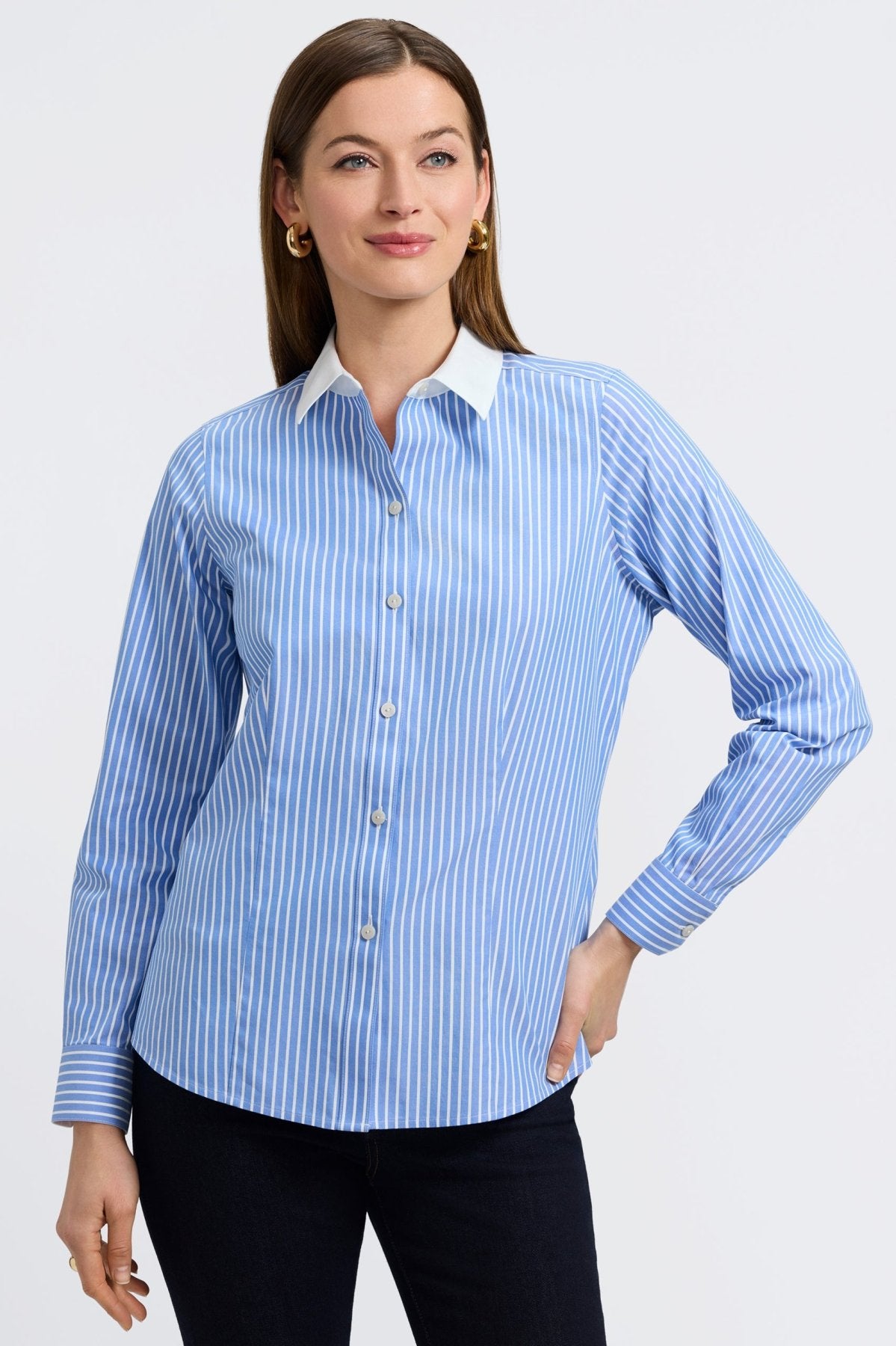 Dianna No Iron Pinpoint Contrast Solid Long Sleeve Shirt