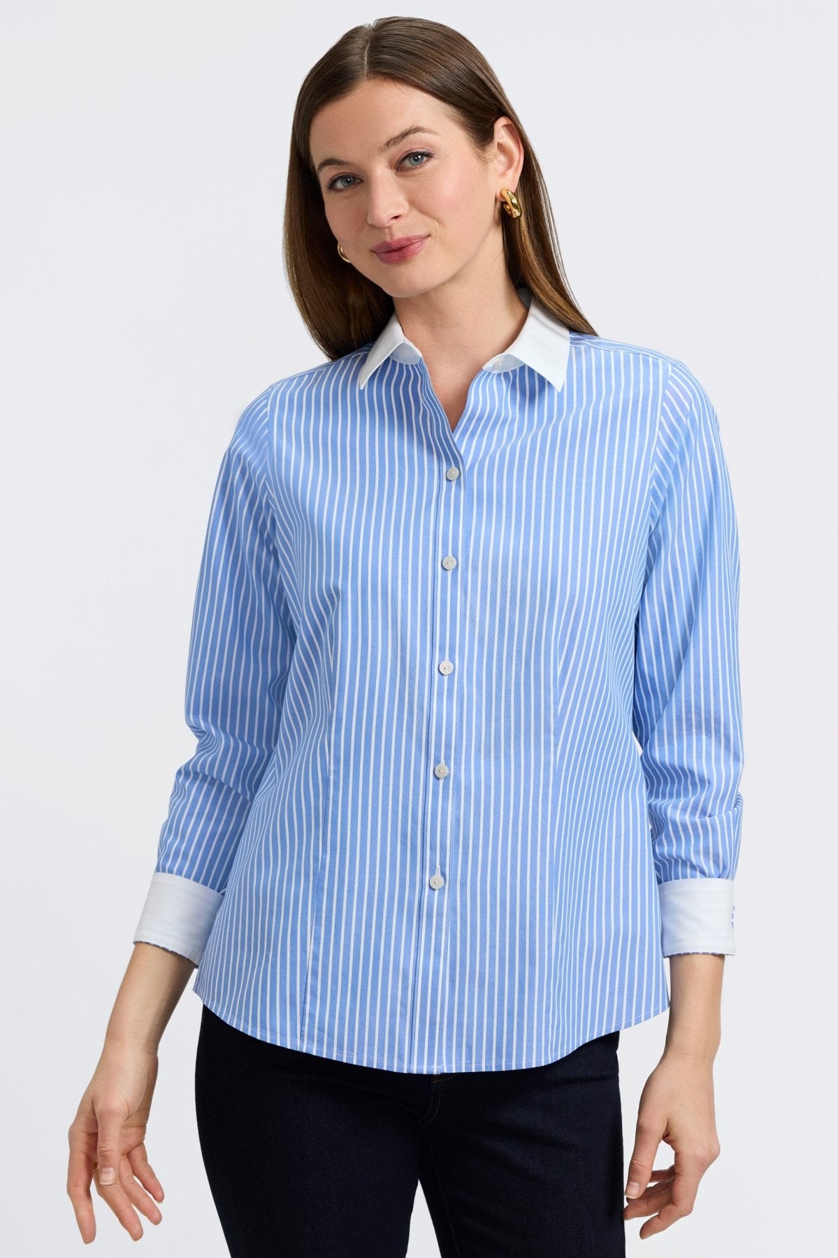 Dianna No Iron Pinpoint Contrast Solid Long Sleeve Shirt