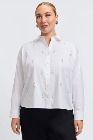 Marina Plus Pearl & Rhinestone Appliqué Long Sleeve Short Shirt