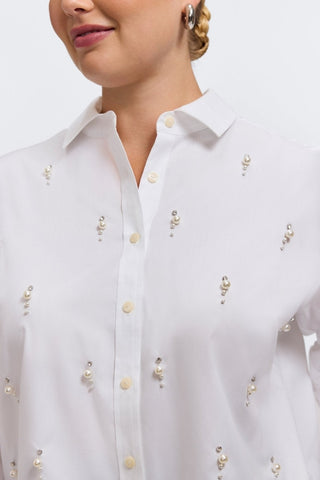 Marina Plus Pearl & Rhinestone Appliqué Long Sleeve Short Shirt
