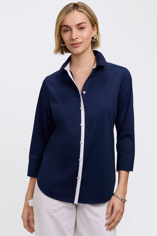 Model wearing the Charlie White Trim 3/4 Sleeve Shirt featuring the bright white placket that adds contrast to the shirt #color_navy