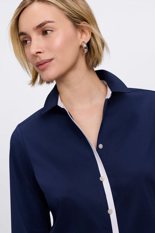 Close up on the v neckline and collar of the Charlie White Trim 3/4 Sleeve Shirt #color_navy