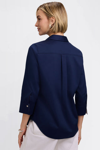 Back view of the Charlie White Trim 3/4 Sleeve Shirt featuring the back pleat #color_navy