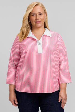 Catalina Plus Stripe No Iron Pinpoint 3/4 Sleeve Popover Shirt