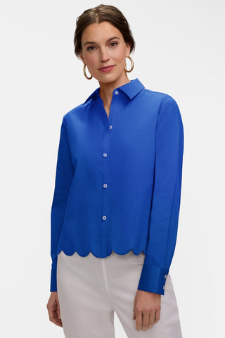 Front view of model wearing the Scarlett Stretch Matte Sateen Long Sleeve Shirt
#color_deep sea