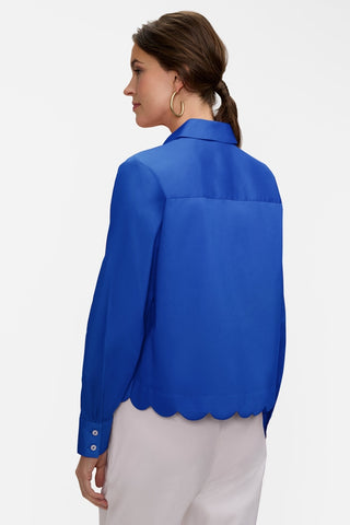 Angled back view of the Scarlett Stretch Matte Sateen Long Sleeve Shirt #color_deep sea
