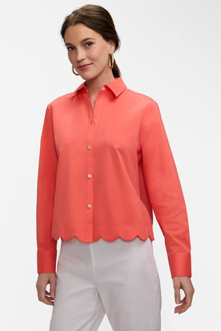 Front view of model wearing the Scarlett Stretch Matte Sateen Long Sleeve Shirt
#color_georgia peach
