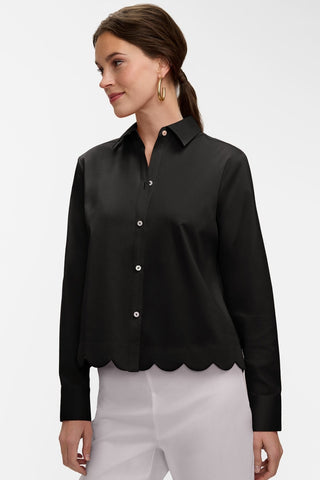 Front view of model wearing the Scarlett Stretch Matte Sateen Long Sleeve Shirt
#color_black