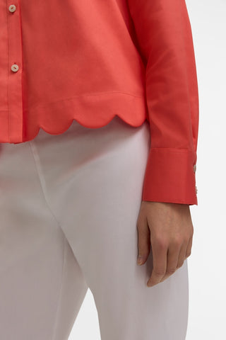 Close up on the scalloped hem and crisp cuffs of the Scarlett Plus Stretch Matte Sateen Long Sleeve Shirt