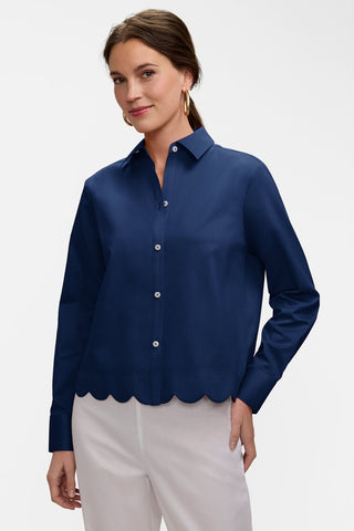 Front view of model wearing the Scarlett Stretch Matte Sateen Long Sleeve Shirt
#color_navy