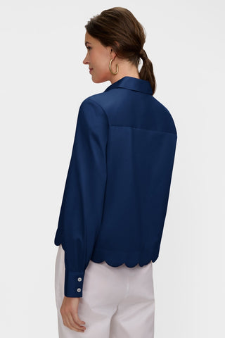Angled back view of the Scarlett Stretch Matte Sateen Long Sleeve Shirt #color_navy