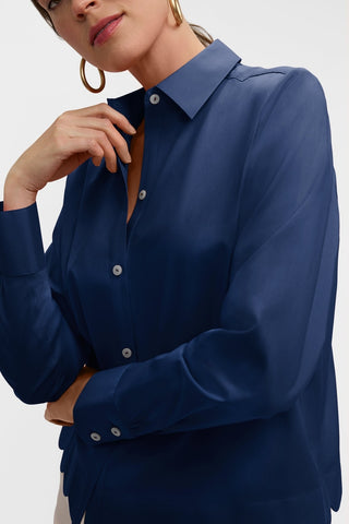 Angled front view of model wearing the Scarlett Stretch Matte Sateen Long Sleeve Shirt #color_navy