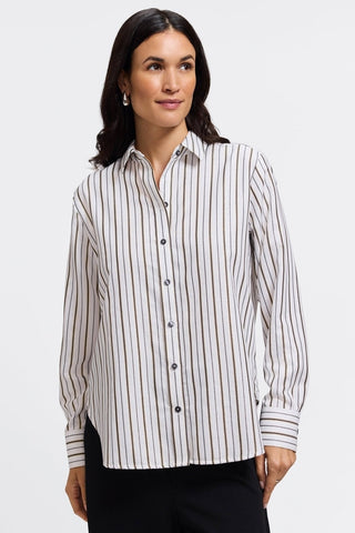 Front view of model wearing the Meghan Metallic Stripe Long Sleeve Shirt