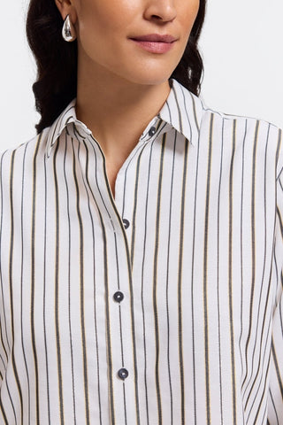 Close up of the crisp point collar and smoke buttons on the Meghan Metallic Stripe Long Sleeve Shirt