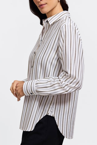 Side view of the Meghan Metallic Stripe Long Sleeve Shirt highlighting the side gussets 