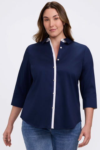 Front view of model wearing the Charlie Plus White Trim 3/4 Sleeve Shirt
featuring its contrast white placket #color_navy