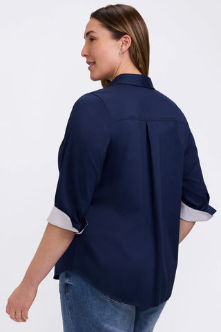 Back view of model wearing the Charlie Plus White Trim 3/4 Sleeve Shirt #color_navy