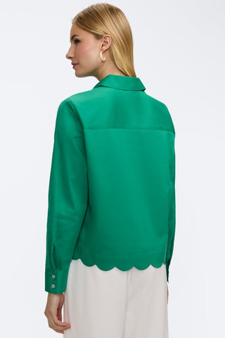 Angled back view of the Scarlett Stretch Matte Sateen Long Sleeve Shirt
#color_kelly green