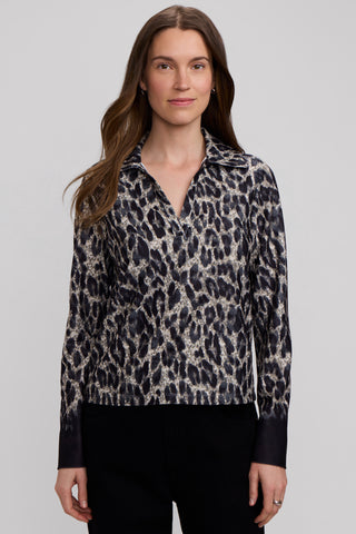 Talia Midnight Cheetah Knit Crepe Long Sleeve Polo Top