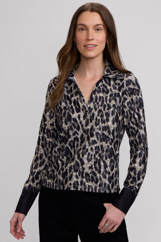 Talia Midnight Cheetah Knit Crepe Long Sleeve Polo Top