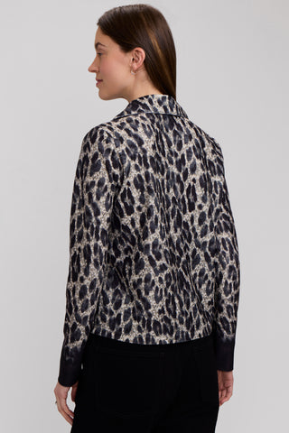 Talia Midnight Cheetah Knit Crepe Long Sleeve Polo Top