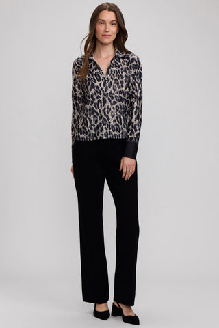 Talia Midnight Cheetah Knit Crepe Long Sleeve Polo Top