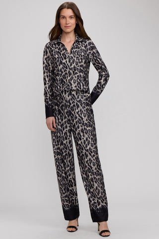 Talia Midnight Cheetah Knit Crepe Long Sleeve Polo Top