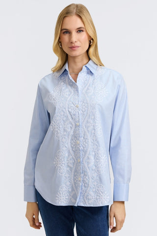 Front view of model wearing the Meghan Embroidered Long Sleeve Shirt